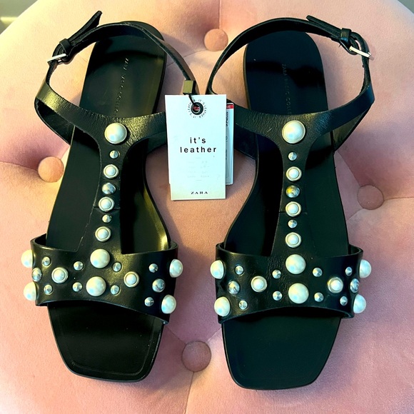 NWT ZARA leather sandal with pearl details. Size 40 (9). - Picture 4 of 9